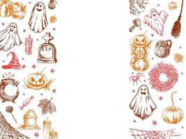 Set of halloween elements in sketch style. Design of ghosts, creepy and spooky elements for halloween decorations, sketch, icon. Hand drawn template vector