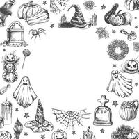 Set of halloween elements in sketch style. Design of ghosts, creepy and spooky elements for halloween decorations in circle, sketch, icon. Hand drawn template on checkered background. vector