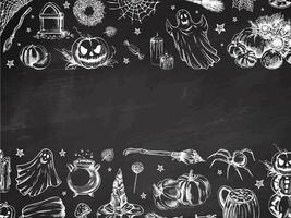 Set of halloween elements in sketch style. Design of ghosts, creepy and spooky elements for halloween decorations, sketch, icon. Hand drawn template on chalkboard background. vector