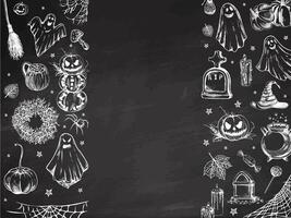 Set of halloween elements in sketch style. Design of ghosts, creepy and spooky elements for halloween decorations, sketch, icon. Hand drawn template on chalkboard background. vector