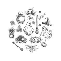 Set of halloween elements in sketch style. Design of ghosts, creepy and spooky elements for halloween decorations in circle, sketch, icon. Hand drawn isolated on white background. vector