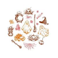 Set of halloween elements in sketch style. Design of ghosts, creepy and spooky elements for halloween decorations in circle, sketch, icon. Hand drawn isolated on white background. vector