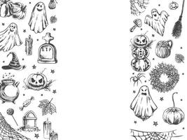 Set of halloween elements in sketch style. Design of ghosts, creepy and spooky elements for halloween decorations, sketch, icon. Hand drawn template vector