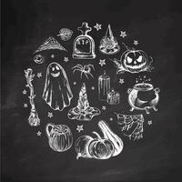 Set of halloween elements in sketch style. Design of ghosts, creepy and spooky elements for halloween decorations in circle, sketch, icon. Hand drawn isolated on chalkboard background. vector
