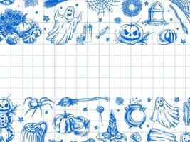 Set of halloween elements in sketch style. Design of ghosts, creepy and spooky elements for halloween decorations, sketch, icon. Hand drawn template on checkered background. vector