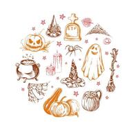 Set of halloween elements in sketch style. Design of ghosts, creepy and spooky elements for halloween decorations in circle, sketch, icon. Hand drawn isolated on white background. vector