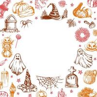 Set of halloween elements in sketch style. Design of ghosts, creepy and spooky elements for halloween decorations in circle, sketch, icon. Hand drawn template on checkered background. vector