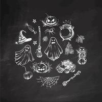 Set of halloween elements in sketch style. Design of ghosts, creepy and spooky elements for halloween decorations in circle, sketch, icon. Hand drawn isolated on chalkboard background. vector