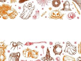 Set of halloween elements in sketch style. Design of ghosts, creepy and spooky elements for halloween decorations, sketch, icon. Hand drawn template vector