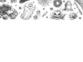 Set of halloween elements in sketch style. Design of ghosts, creepy and spooky elements for halloween decorations, sketch, icon. Hand drawn template vector