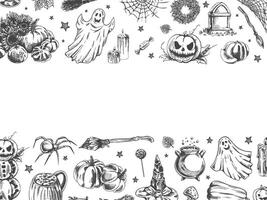 Set of halloween elements in sketch style. Design of ghosts, creepy and spooky elements for halloween decorations, sketch, icon. Hand drawn template vector