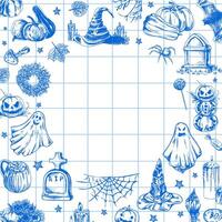 Set of halloween elements in sketch style. Design of ghosts, creepy and spooky elements for halloween decorations in circle, sketch, icon. Hand drawn template on checkered background. vector