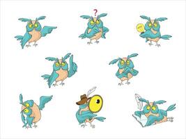 Cute Owl Funny Cartoon, different positions and expressions. Isolated Set. Editable colors. vector