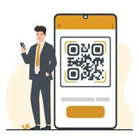 Online payment concept scanning qr code concept Man with smartphone and QR code. illustration in flat style. vector