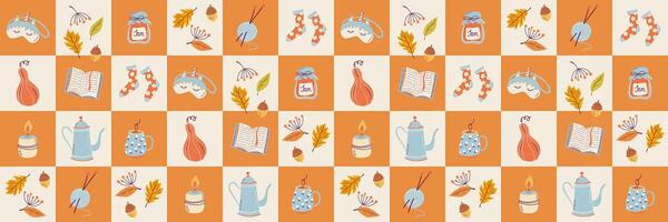 Geometric Autumn cozy elements seamless pattern. Hygge style checkered print. Patchwork. Cute fall background. Hand drawn flat design illustration. vector