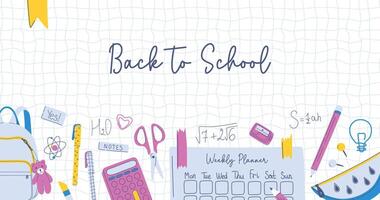 Back to school background with school stuff. Educational theme banner with different stationery on a grid backdrop. Hand drawn flat design illustration. vector