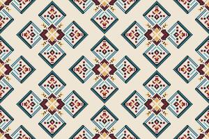 Seamless Pixel Art Pattern with Geometric Diamonds and Ethnic Motifs in Blue, Red, and Yellow Colors, Perfect for Textiles, Wallpapers, Backgrounds, and Crafts with a Traditional and Folk Style vector