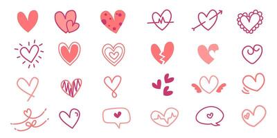 Set of Flat, doodle and sketch pink heart shape icon element vector