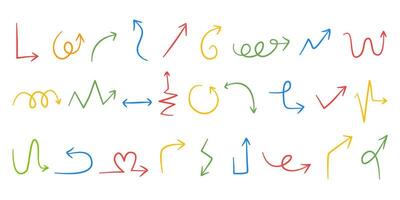 Colorful Arrows set simple hand drawn illustration signs pointing different directions on white background vector