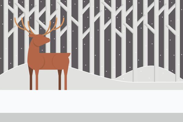 White Floor for Product Presentation with a Reindeer in Winter Forest Landscape with Falling Snow Background.