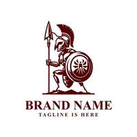 Stylized ant Spartan warrior logo with spear and shield, perfect for branding with customizable name and tagline. Ideal for businesses seeking a strong, heroic, and classic emblem. vector