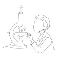 Continuous line drawing of male scientist analyze using microscope in laboratory. vector