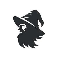Minimalist silhouette logo of a wizard with a pointed hat and flowing beard. Clean, modern design in solid black, ideal for branding, games, apps, or digital projects needing a fantasy themed visual vector