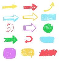 Crayon texture shapes, frame, arrow. Kids scribble color illustration isolated on white. vector