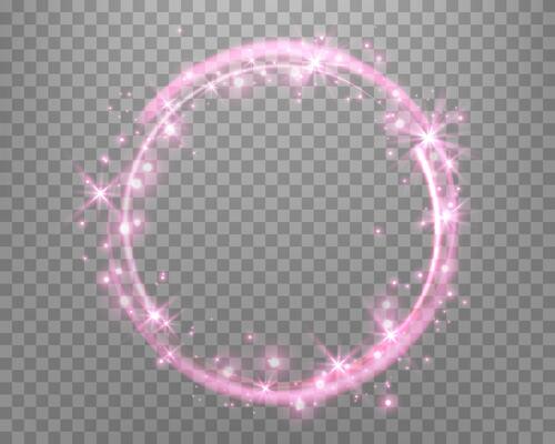 Pink magic ring with glowing sparkles. Neon realistic energy flare halo ring. Abstract light effect