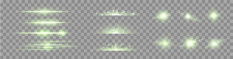 Green lens flares set. Sun flash with rays or spotlight and bokeh. Glow flare light effect. vector