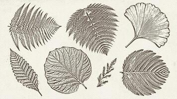 Graphic prehistoric plants drawn on vintage pater in engraving technique. Fossils prehistoric botanicals. illustrations set. vector