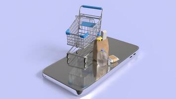 The product in paper bag on mobile phone for food delivery or application concept 3d rendering. photo