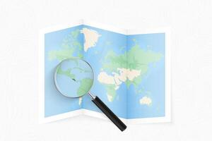 Enlarge Costa Rica with a magnifying glass on a folded map of the world. vector