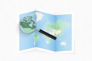 Enlarge Canada with a magnifying glass on a folded map of the world. vector