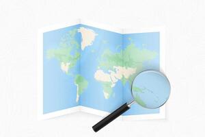 Enlarge Solomon Islands with a magnifying glass on a folded map of the world. vector