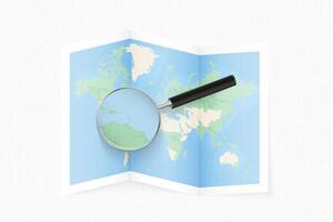 Enlarge Grenada with a magnifying glass on a folded map of the world. vector