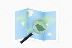 Enlarge Saudi Arabia with a magnifying glass on a folded map of the world. vector