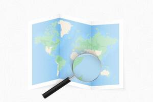 Enlarge Seychelles with a magnifying glass on a folded map of the world. vector