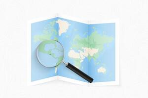 Enlarge El Salvador with a magnifying glass on a folded map of the world. vector