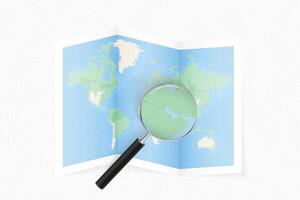 Enlarge Bahrain with a magnifying glass on a folded map of the world. vector