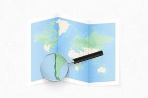 Enlarge Chile with a magnifying glass on a folded map of the world. vector