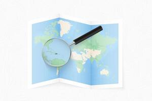 Enlarge Dominican Republic with a magnifying glass on a folded map of the world. vector