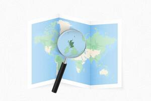 Enlarge Scotland with a magnifying glass on a folded map of the world. vector
