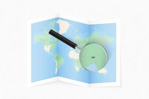 Enlarge Bhutan with a magnifying glass on a folded map of the world. vector