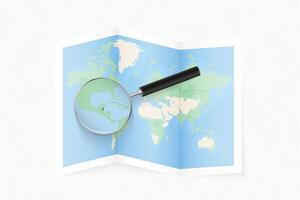 Enlarge Belize with a magnifying glass on a folded map of the world. vector