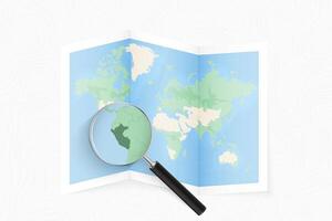 Enlarge Peru with a magnifying glass on a folded map of the world. vector