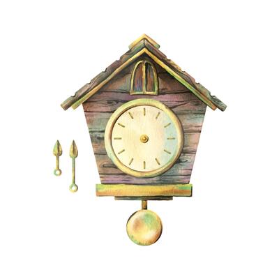 Wall clock with cuckoo, dial and hands, pendulum, wooden, antique, brown with gold details. Watercolor illustration hand-drawn. Set of elements isolated from the background
