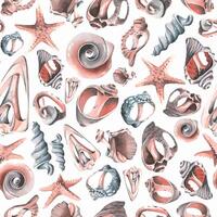 Shells are different broken, beautiful on a white background. Watercolor illustration. Seamless pattern from a large set of WHALES. For fabric, textiles, clothing, wallpaper, cover, background prints vector