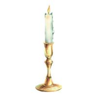 Candlestick tall, copper, bronze with a white burning candle with wax drips, antique, retro, vintage. Watercolor illustration hand-drawn. A separate object isolated from the background. vector