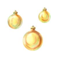 New Year s balls round gold with a fastening for hanging, shiny, voluminous, simple, different sizes. Watercolor illustration drawn by hand. Set of individual elements isolated from the background. vector